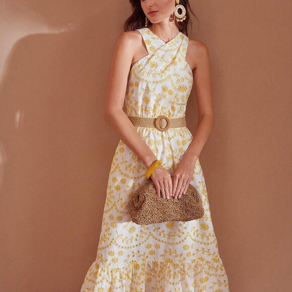 YELLOW WOMEN'S SCALLOP RUFFLE HEM HALTER NECK EMBROIDERY SCHIFFY DRESS - Picture 4 of 8